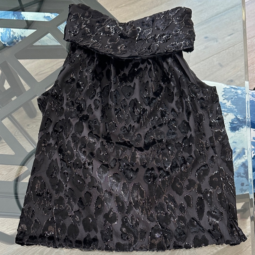 Black Velvet Leopard Print Cowl Neck Top with Gold Button Accents